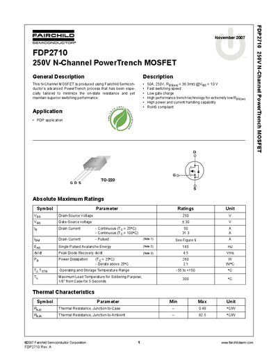Fairchild FDP2710 250V N-Channel PowerTrench MOSFET Datasheet - cover page