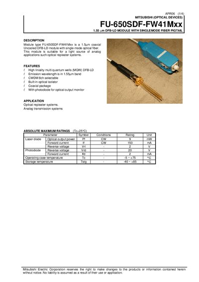 Mitsubishi FU-650SDF-FW41Mxx 1.55 µm DFB-LD Module with Singlemode Fiber Pigtail User Manual - cover page