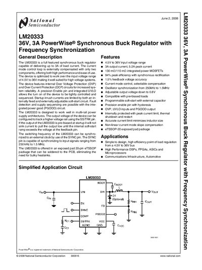 National Semiconductor LM20333 36V 3A Synchronous Buck Regulator Datasheet - cover page