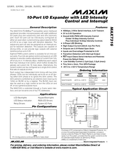 Maxim MAX7316 10-Port I/O Expander with LED Intensity Datasheet - cover page