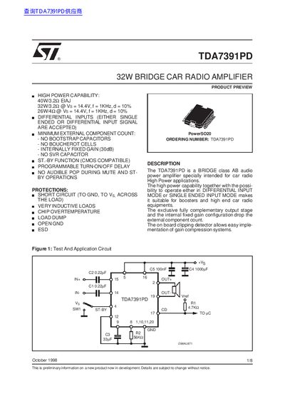 STMicroelectronics TDA7391PD Bridge Audio Power Amplifier Datasheet - cover page