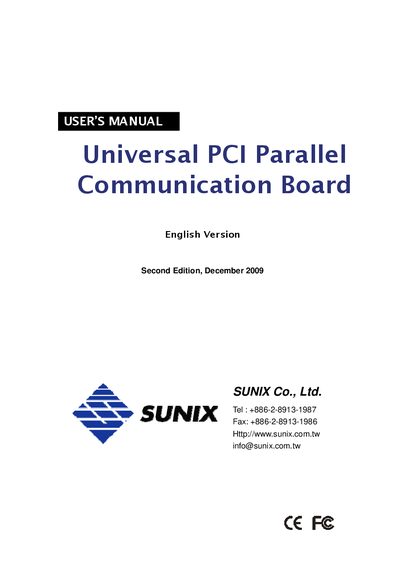 Sunix Universal PCI Parallel Communication Board User Manual - cover page