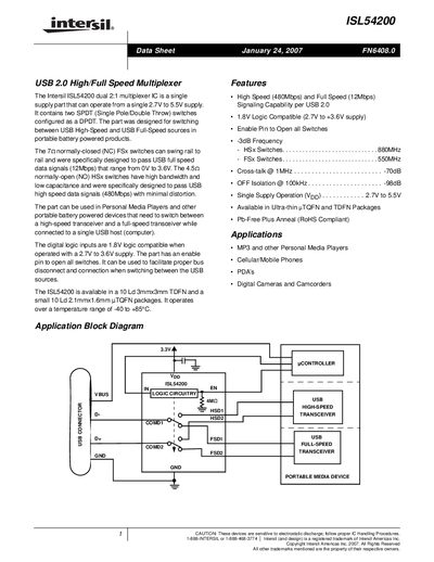 Intersil ISL54200 USB 2.0 High/Full Speed Multiplexer Datasheet - cover page