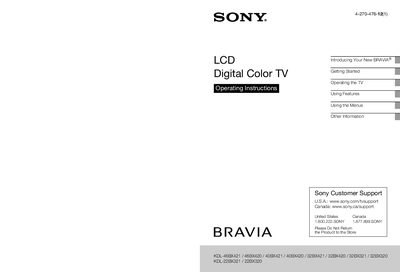 SONY KDL-46BX421 46BX420 40BX421 40BX420 32BX421 32BX420 32BX321 32BX320 KDL-22BX321 22BX320 LCD Digital Color TV Manual - cover page