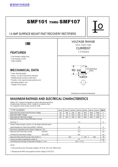 SiSMF SMF101 through SMF107 Surface Mount Fast Recovery Rectifiers Datasheet - cover page