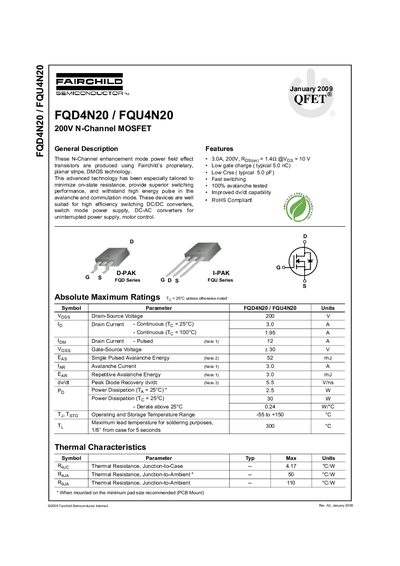 Fairchild Semiconductor FQD4N20/FQU4N20 200V N-Channel MOSFET Datasheet - cover page