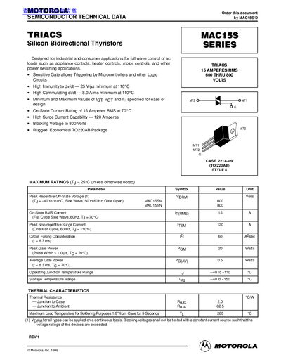 Motorola MAC15S Series Triac Datasheet - cover page