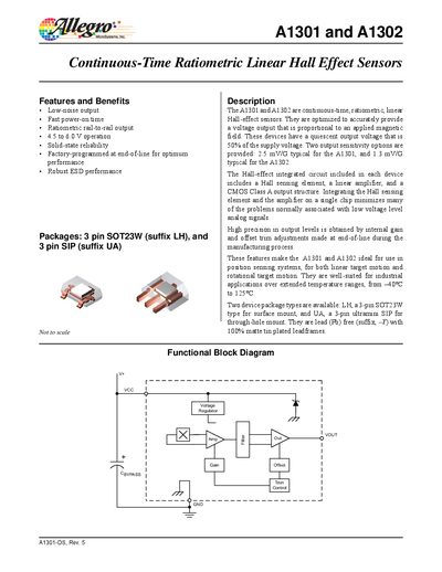 Allegro A1301 and A1302 Continuous-Time Ratiometric Linear Hall Effect Sensors Datasheet - cover page