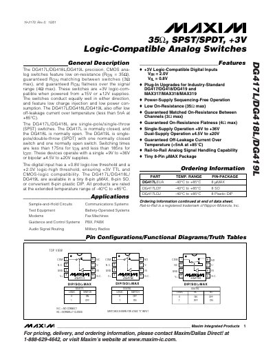 Maxim DG417L/DG418L/DG419L Analog Switch Datasheet - cover page