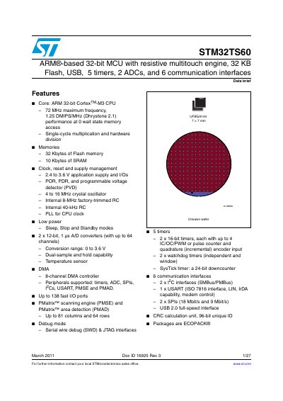 ST STM32TS60 ARM -based 32-bit MCU with resistive multitouch engine 32 KB Flash USB 5 timers 2 ADCs 6 communication interfaces handbook - cover page