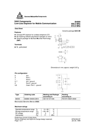 S+M SAW Components Data Sheet B4005 959.5 MHz 914.5 MHz - cover page
