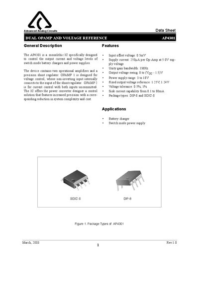 Advanced Analog Circuits AP4301 Dual Op-Amp and Voltage Reference Datasheet - cover page