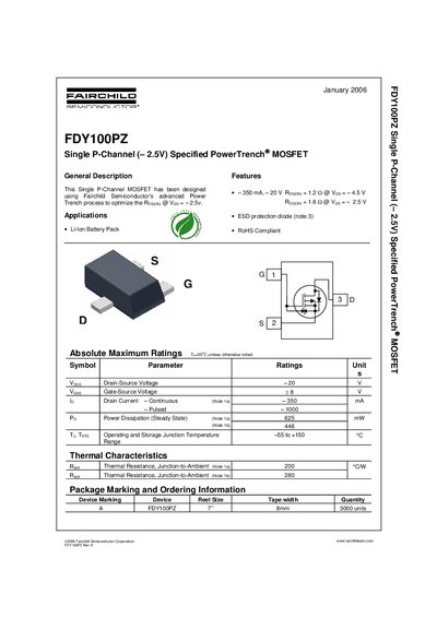 Fairchild FDY100PZ Single P-Channel MOSFET Datasheet - cover page