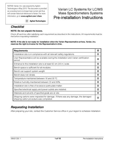 Agilent Varian LC Systems Pre-installation Instructions - cover page