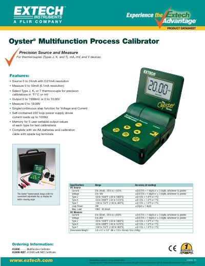 EXTECH 412400 Oyster Multifunction Process Calibrator Datasheet - cover page