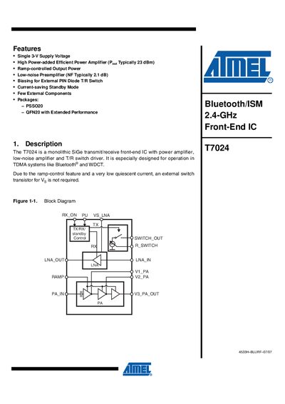 Atmel T7024 Bluetooth/ISM 2.4-GHz Front-End IC Datasheet - cover page
