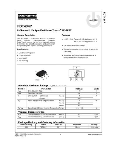 Fairchild Semiconductor FDT434P P-Channel MOSFET Datasheet - cover page