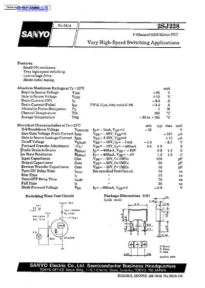 SANYO 2SJ228 P-Channel MOS Silicon FET Datasheet - cover page