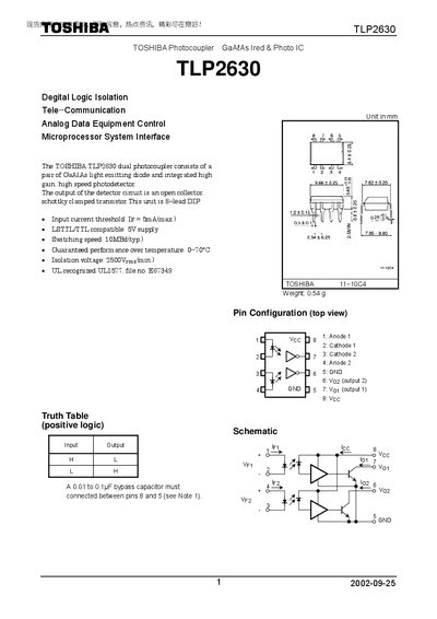 Toshiba TLP2630 Photocoupler Datasheet - cover page