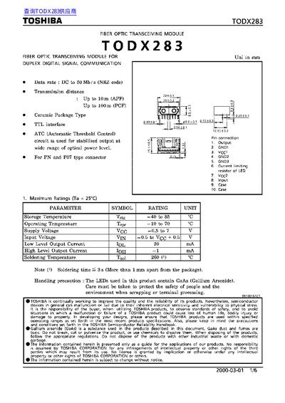 Toshiba TODX283 Fiber Optic Transceiving Module Datasheet - cover page