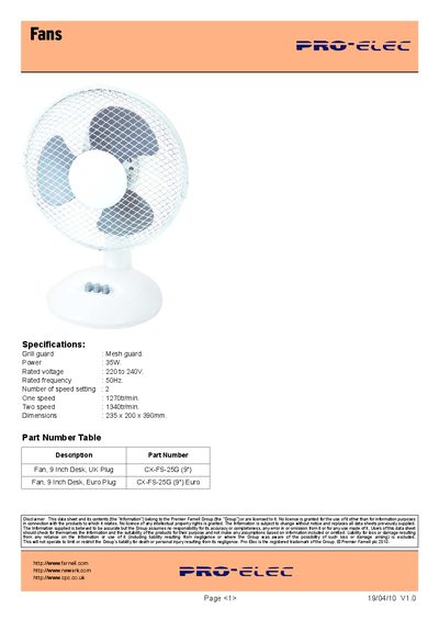 Pro-Elec CX-FS-25G (9") Desk Fan Datasheet - cover page