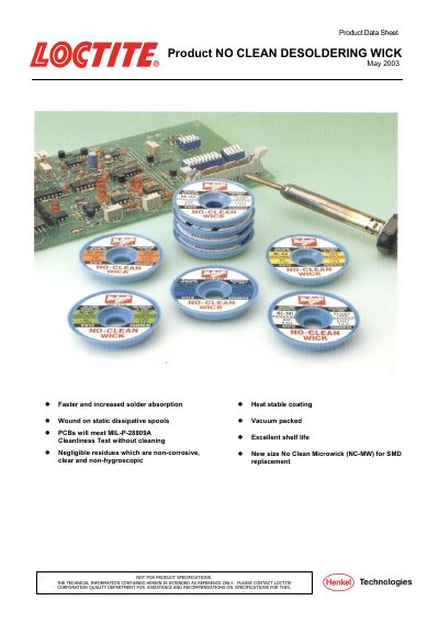 Loctite Multicore No Clean Desoldering Wick (NC-MW, NC-00, NC-AA, NC-AB, NC-BB) Datasheet - cover page