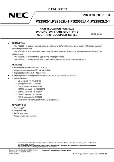 NEC PS2562-1 PS2562L-1 PS2562L1-1 PS2562L2-1 Data Sheet - cover page