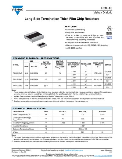 Vishay RCL e3 Long Side Termination Thick Film Chip Resistors Datasheet - cover page