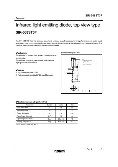 ROHM SIR-568ST3F Infrared Sensor Datasheet - cover page