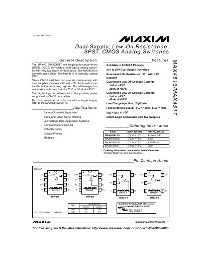 Maxim MAX4516/MAX4517 Dual-Supply Low-On-Resistance SPST CMOS Analog Switches Datasheet - cover page