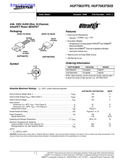 Intersil HUF75637P3/HUF75637S3S Power MOSFET Datasheet - cover page