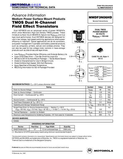 Motorola MMDF3N06HD Power MOSFET Datasheet - cover page