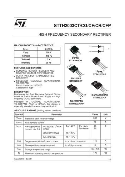 STMicroelectronics STTH2003CT/CG/CF/CR/CFP Datasheet - cover page