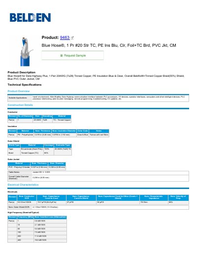 Belden 9463 Blue Hose Data Sheet