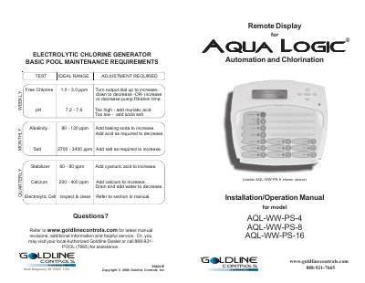 GOLDLINE CONTROLS nstallation/Operation Manual for model AQL-WW-PS-4 AQL-WW-PS-8 AQL-WW-PS-16 - cover page