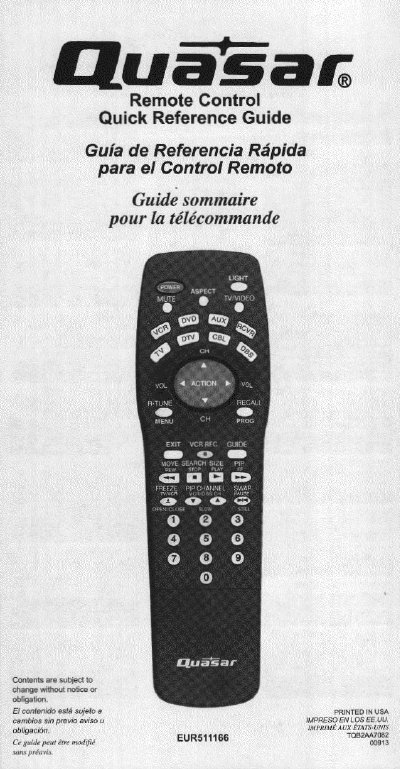 Panasonic EUR511166 Remote Control Quick Reference Guide - cover page