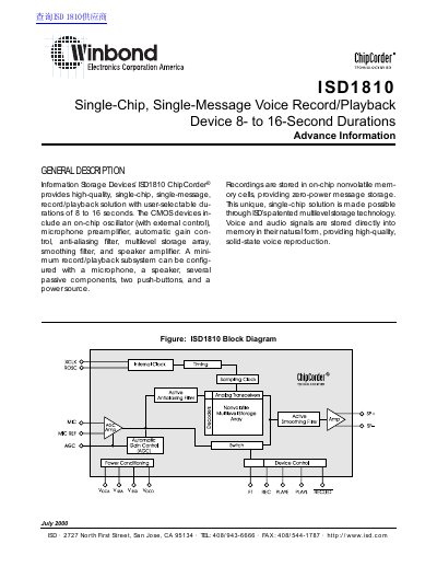 ISD ISD1810 Single-Chip Voice Record/Playback Device Datasheet - cover page