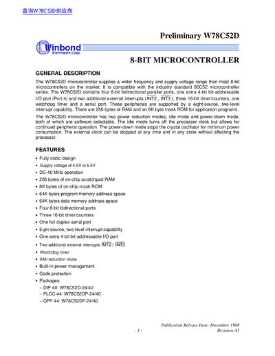 Winbond W78C52D 8-BIT MICROCONTROLLER User Manual - cover page