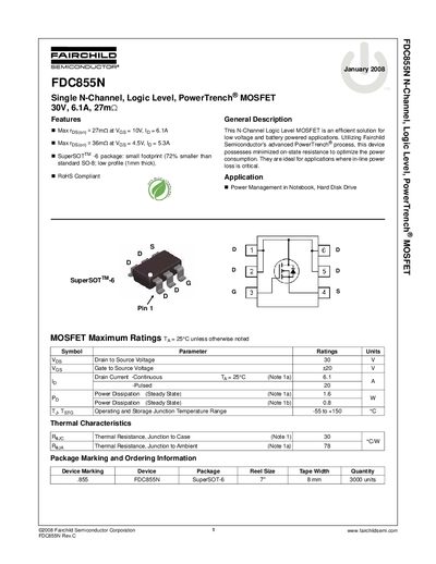 Fairchild Semiconductor FDC855N Single N-Channel MOSFET Datasheet - cover page