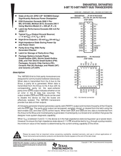 Texas Instruments SN54ABT853 / SN74ABT853 8‑Bit to 9‑Bit Parity Bus Transceiver Datasheet - cover page