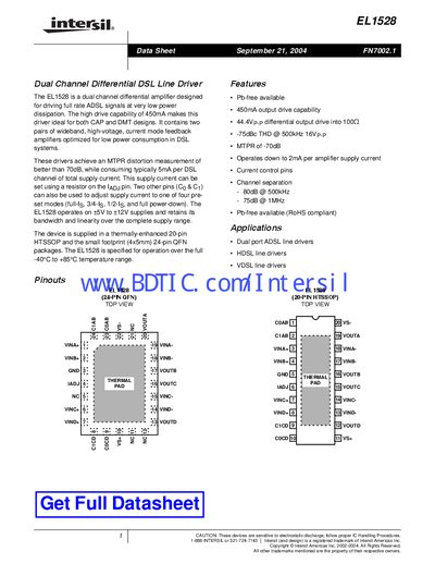 Intersil EL1528 Dual Channel Differential DSL Line Driver Datasheet - cover page