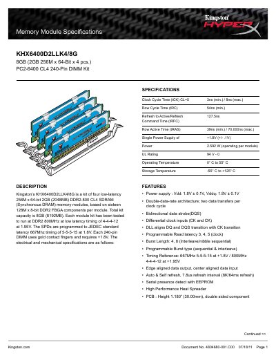 Kingston KHX6400D2LLK4/8G Memory Module Specifications