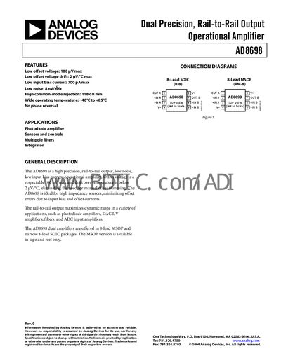 Analog Devices AD8698 Operational Amplifier Datasheet - cover page