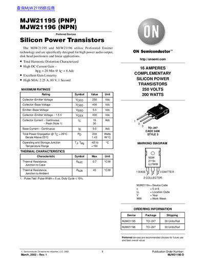 ON Semiconductor MJW21195/MJW21196 Silicon Power Transistors Datasheet - cover page