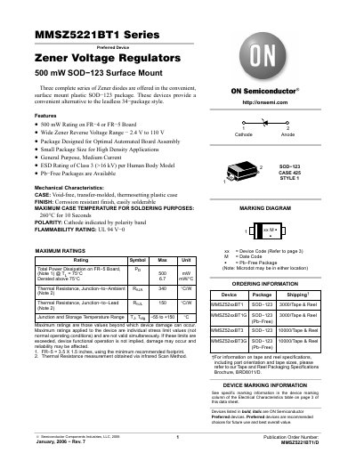 ON Semiconductor MMSZ5221BT1 Series Zener Voltage Regulator Datasheet - cover page