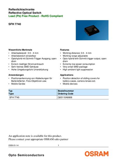 OSRAM SFH 7740 Reflective Optical Switch Datasheet - cover page