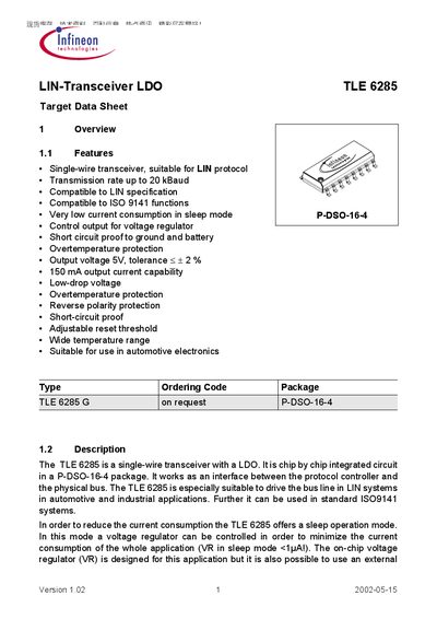 Infineon TLE6285 LIN-Transceiver LDO Datasheet - cover page