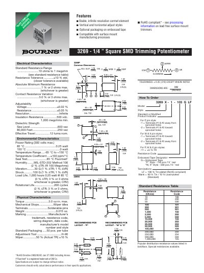 Bourns 3269 1/4" Square SMD Trimming Potentiometer Datasheet - cover page