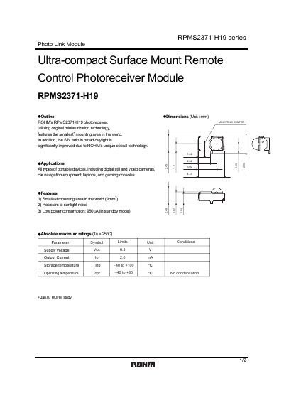 ROHM RPMS2371-H19 Photo Link Module Datasheet - cover page