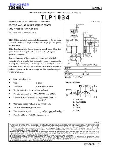 Toshiba TLP1034 Photointerrupter Datasheet - cover page